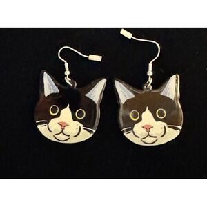 Cat Earrings, Cute Black Enamel Kitty Dangles Tuxedo Cat NWT